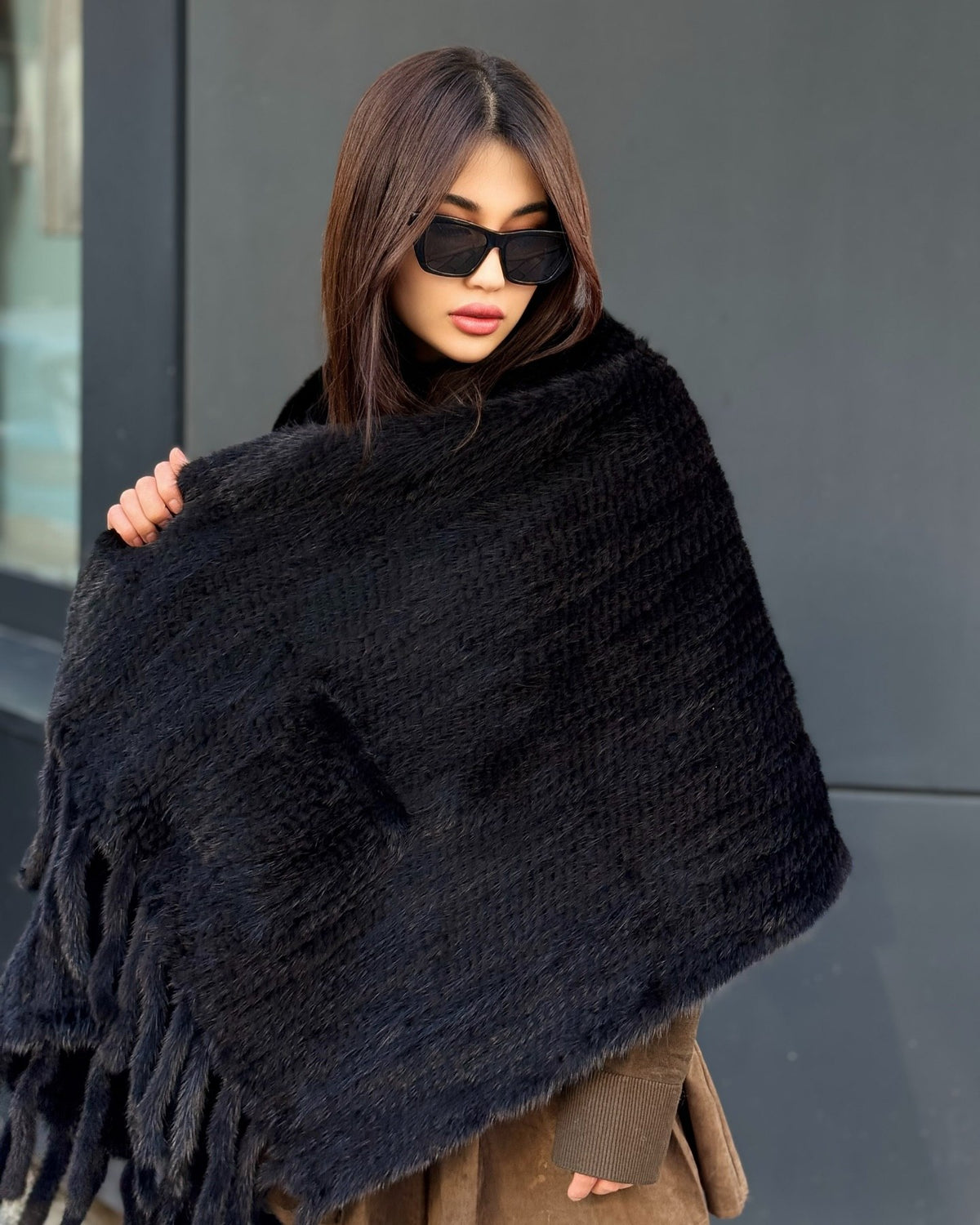 Women’s Black Luxury Mink Fur Shawl with Pocket & Fur Fringe