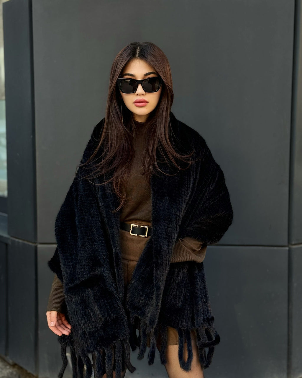 Women’s Black Luxury Mink Fur Shawl with Pocket & Fur Fringe