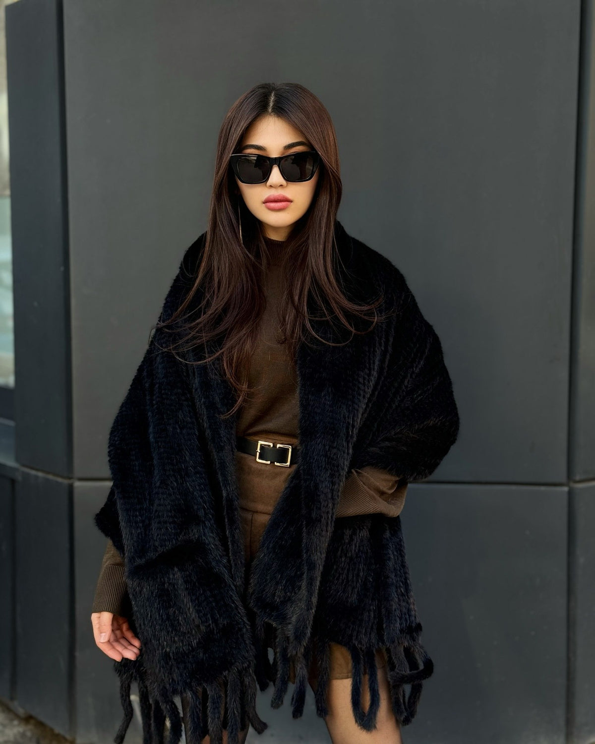 Women’s Black Luxury Mink Fur Shawl with Pocket & Fur Fringe