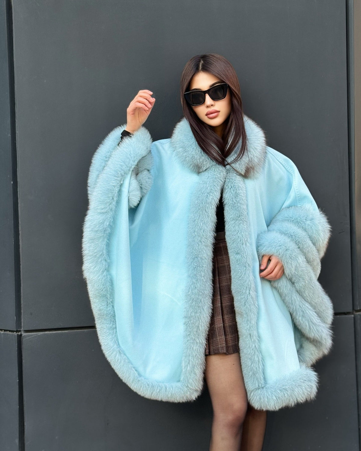 Women’s Turquoise Cashmere Cape With Genuine Fox Fur Trim