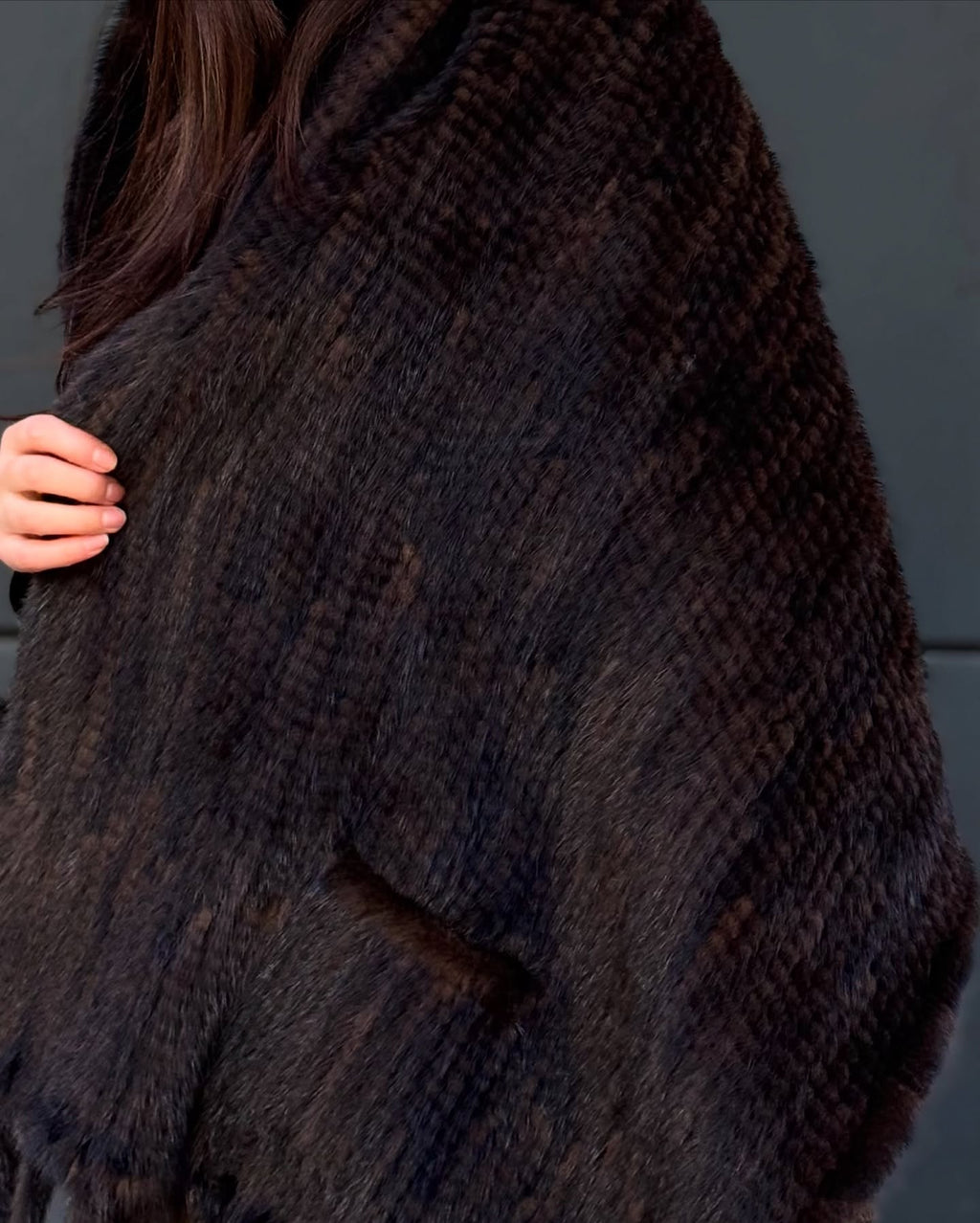 Women’s Brown Luxury Mink Fur Shawl with Pocket & Fur Fringe