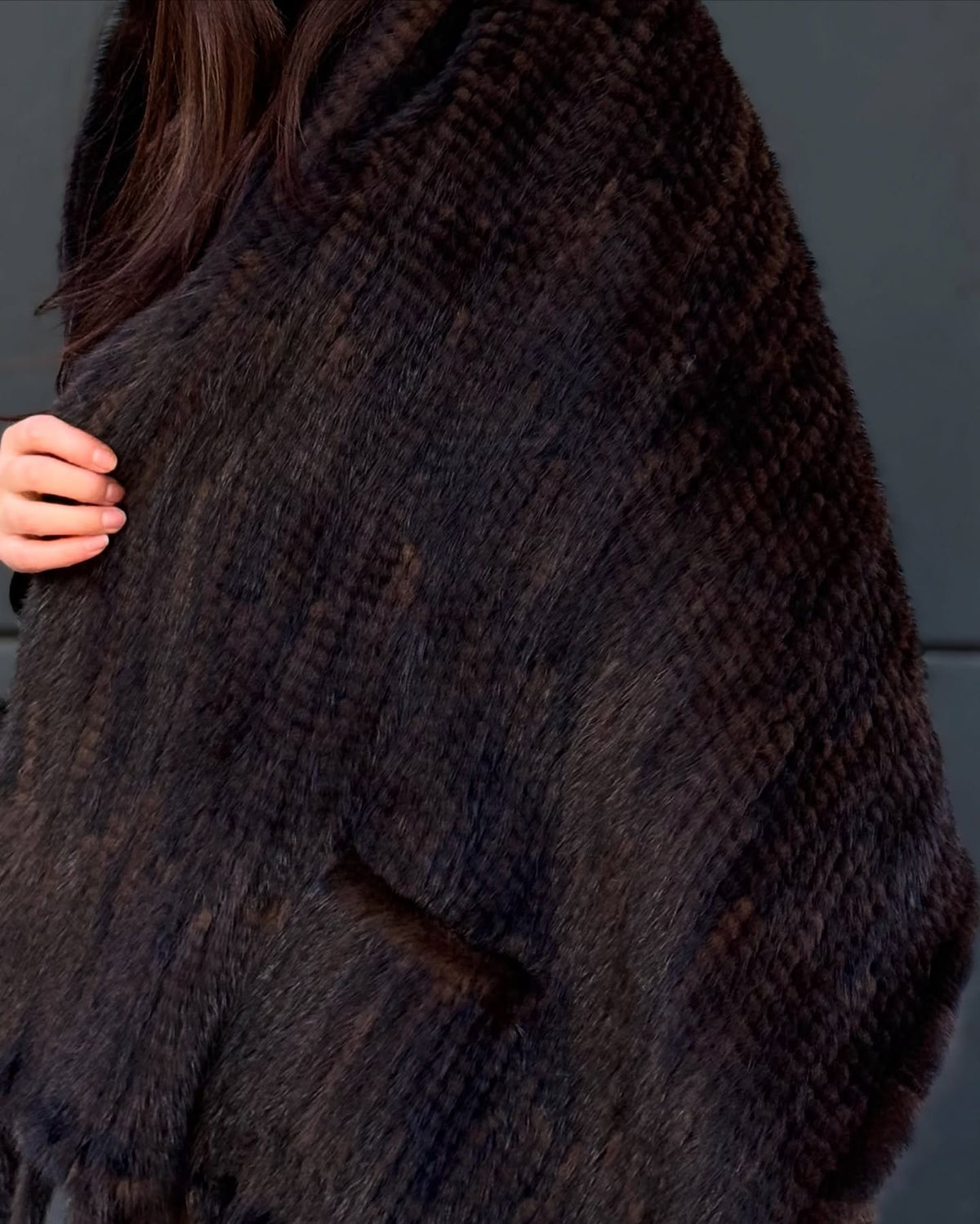 Women’s Brown Luxury Mink Fur Shawl with Pocket & Fur Fringe