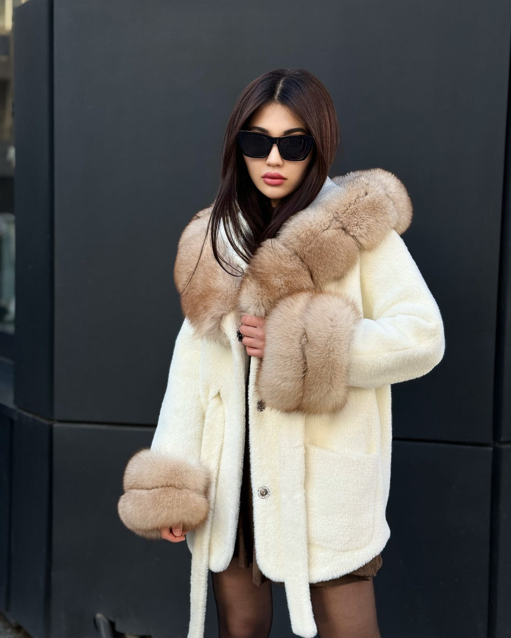 Hooded Beige Alcantara Cape With Genuine Fox Fur Trim