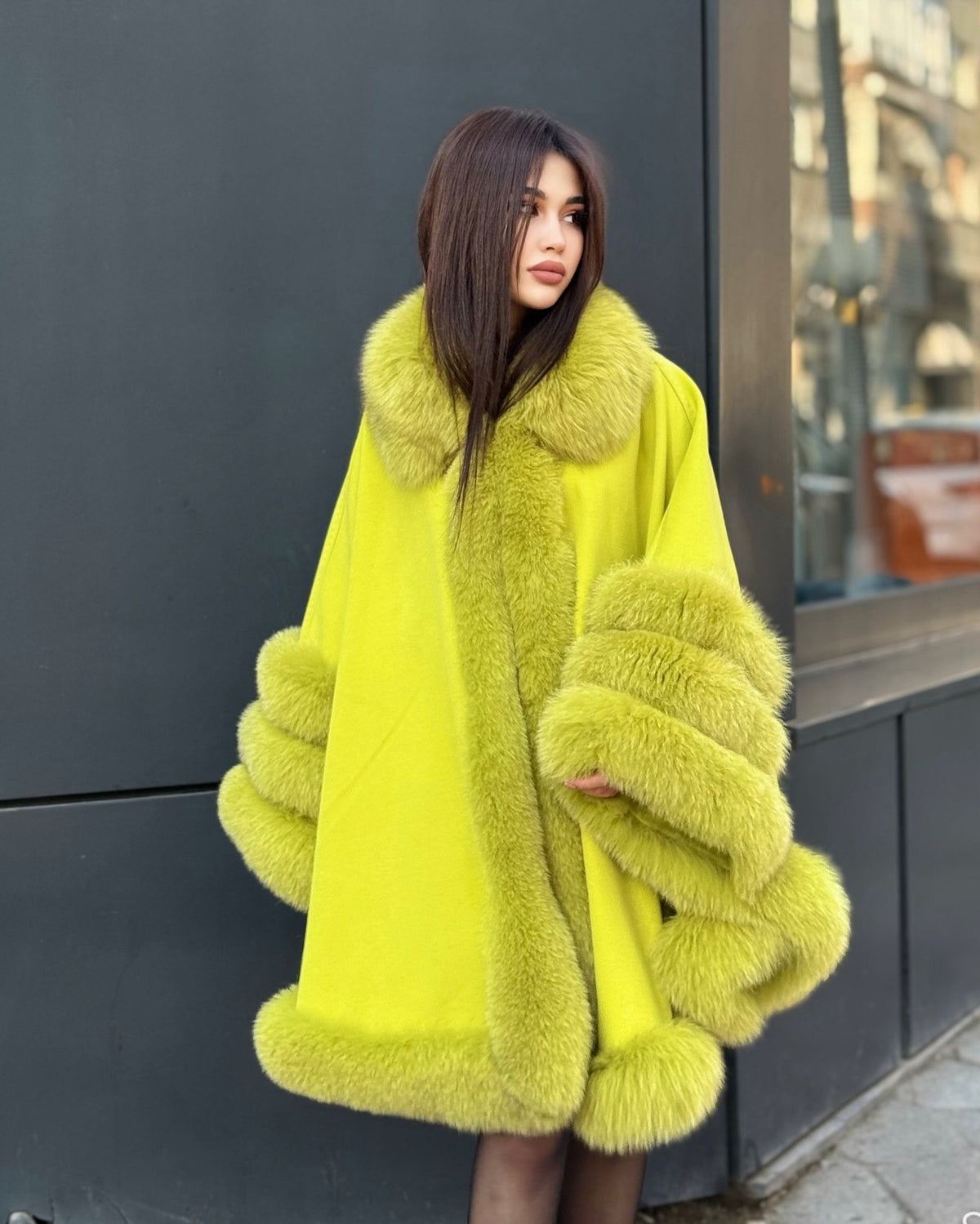 Women’s Lime Green Cashmere Cape With Genuine Fox Fur Trim