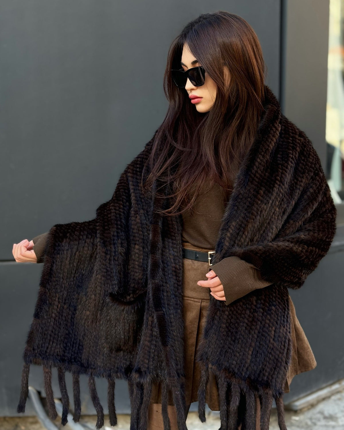 Women’s Brown Luxury Mink Fur Shawl with Pocket & Fur Fringe