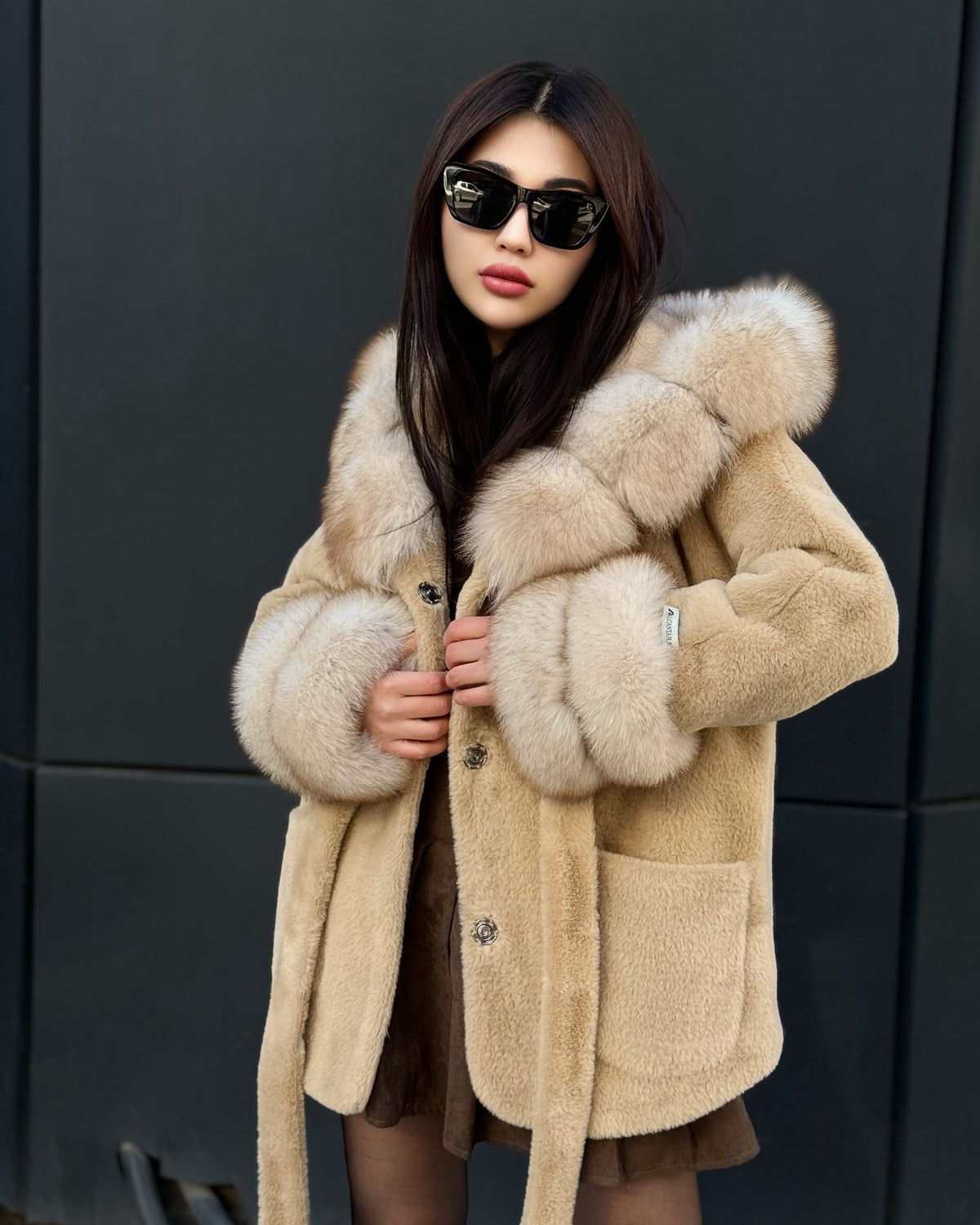 Camel Hooded Alcantara Cape With Genuine Fox Fur Trim