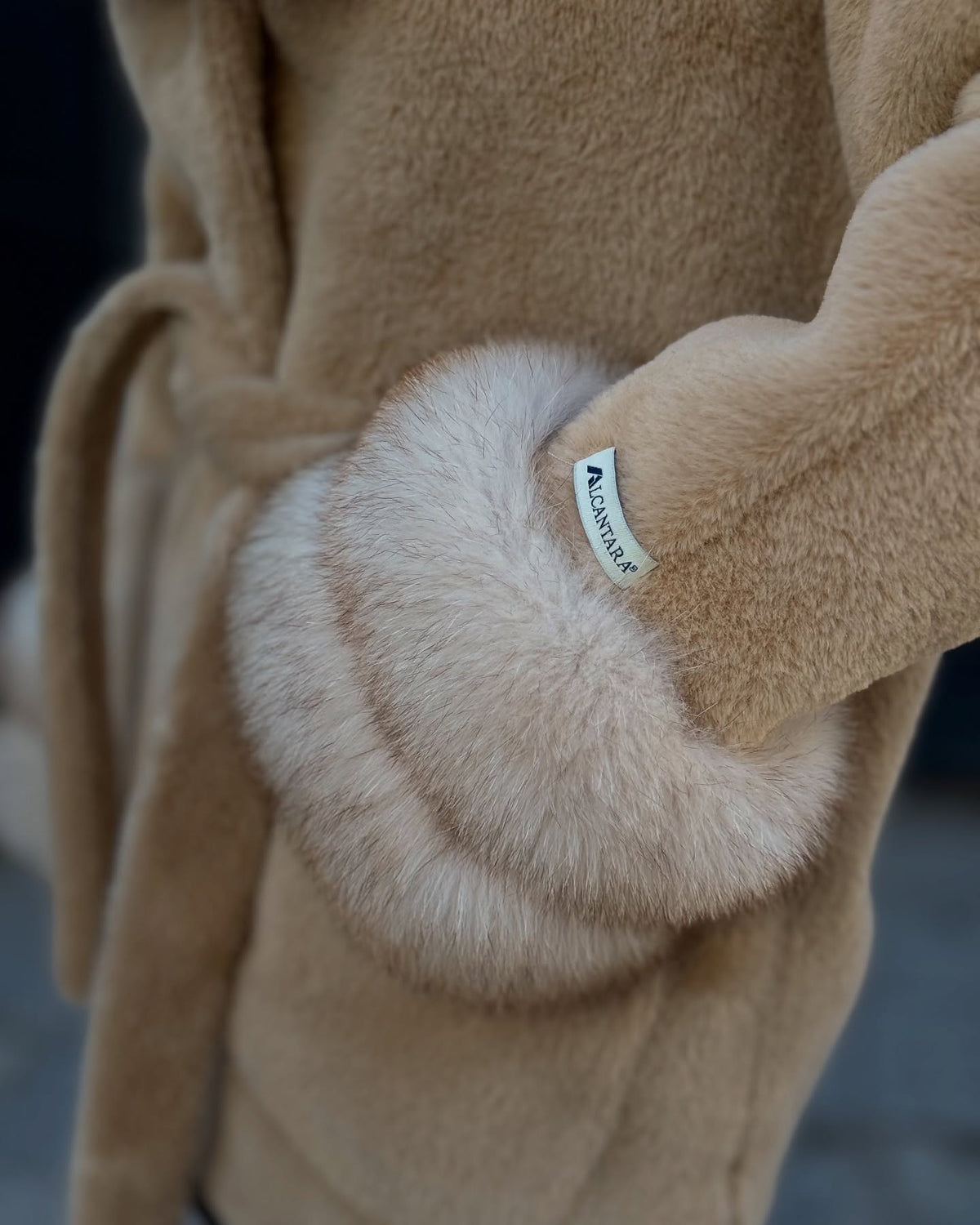 Camel Hooded Alcantara Cape With Genuine Fox Fur Trim