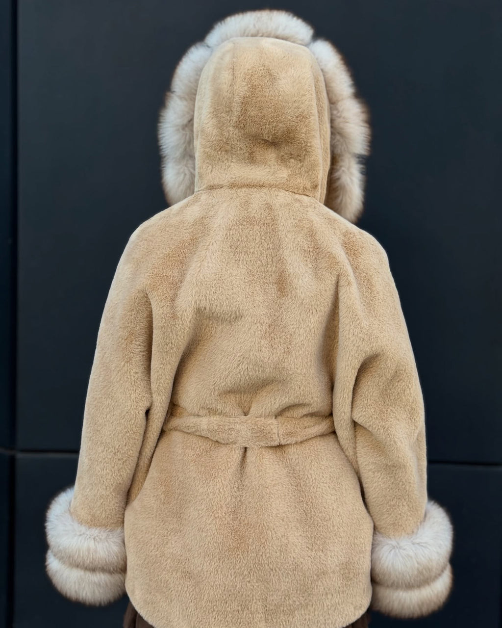 Camel Hooded Alcantara Cape With Genuine Fox Fur Trim