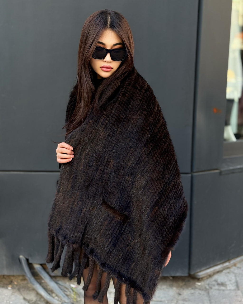 Women’s Brown Luxury Mink Fur Shawl with Pocket & Fur Fringe