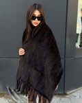 Women’s Brown Luxury Mink Fur Shawl with Pocket & Fur Fringe
