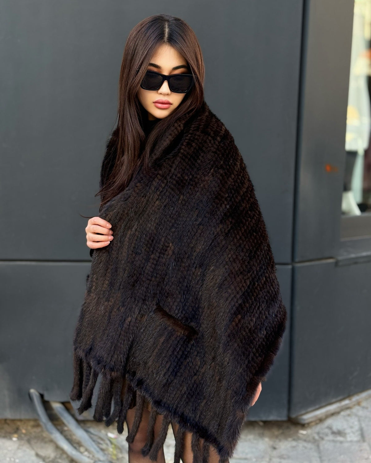 Women’s Brown Luxury Mink Fur Shawl with Pocket & Fur Fringe