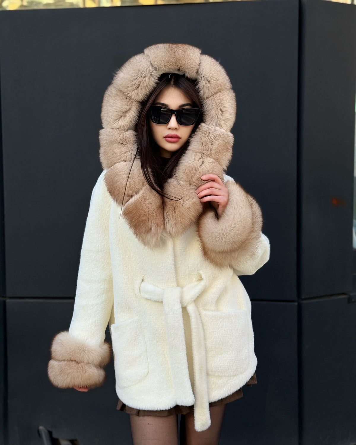 Hooded Beige Alcantara Cape With Genuine Fox Fur Trim