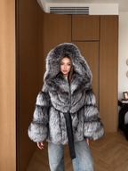 Hooded Silver Argentina Fox Fur Coat, Handmade Short Fur Coat