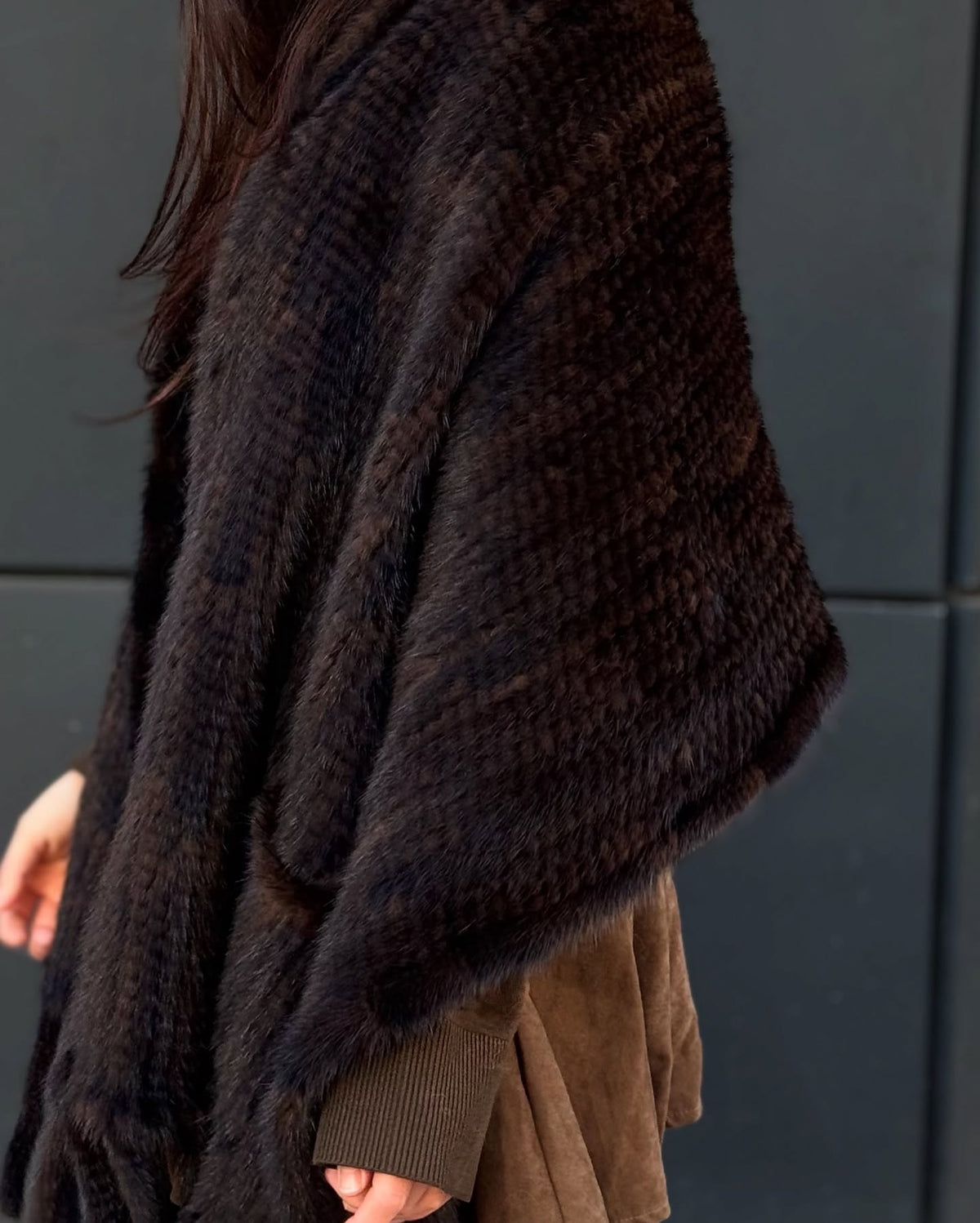 Women’s Brown Luxury Mink Fur Shawl with Pocket & Fur Fringe