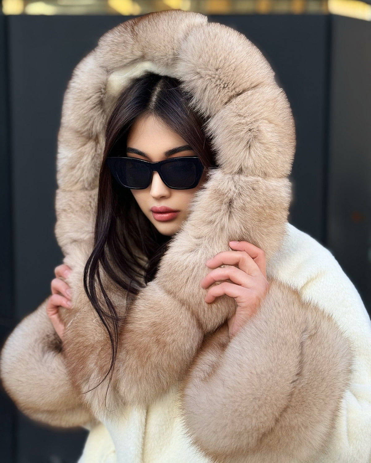 Hooded Beige Alcantara Cape With Genuine Fox Fur Trim