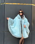 Women’s Turquoise Cashmere Cape With Genuine Fox Fur Trim
