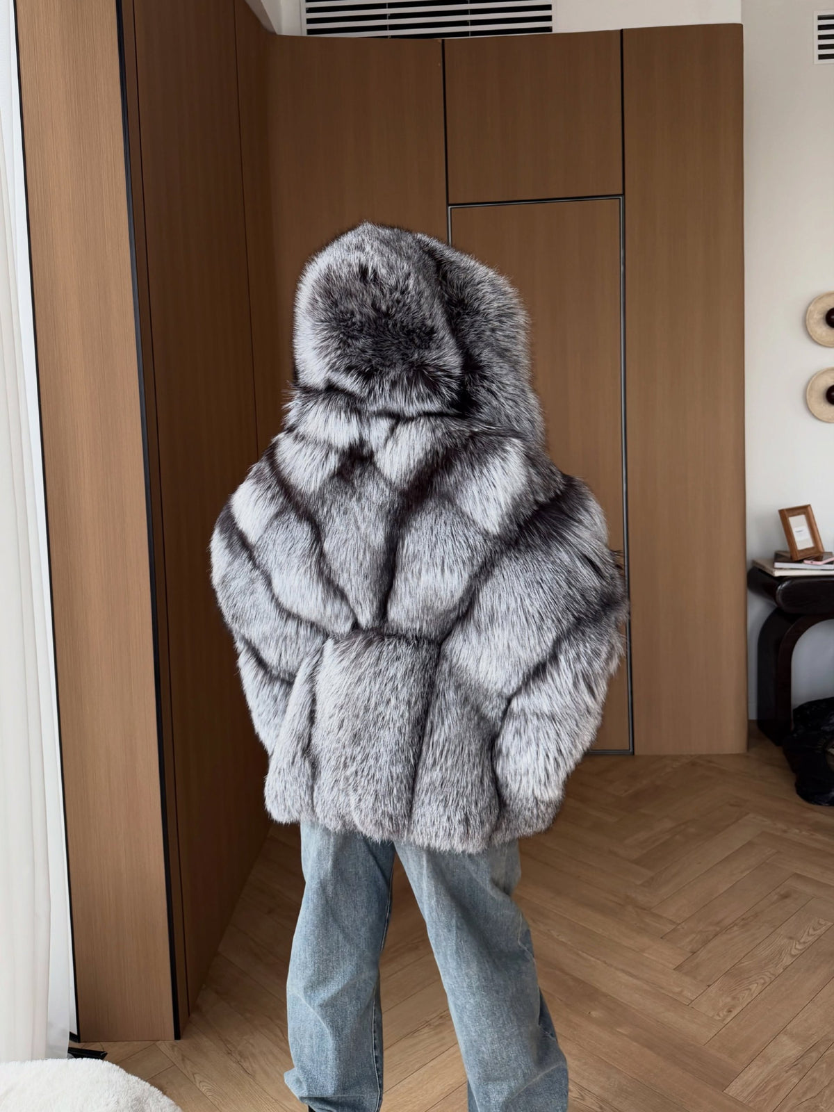 Hooded Silver Argentina Fox Fur Coat, Handmade Short Fur Coat