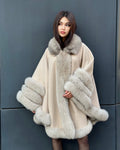 Women’s Beige Cashmere Cape With Genuine Fox Fur Trim