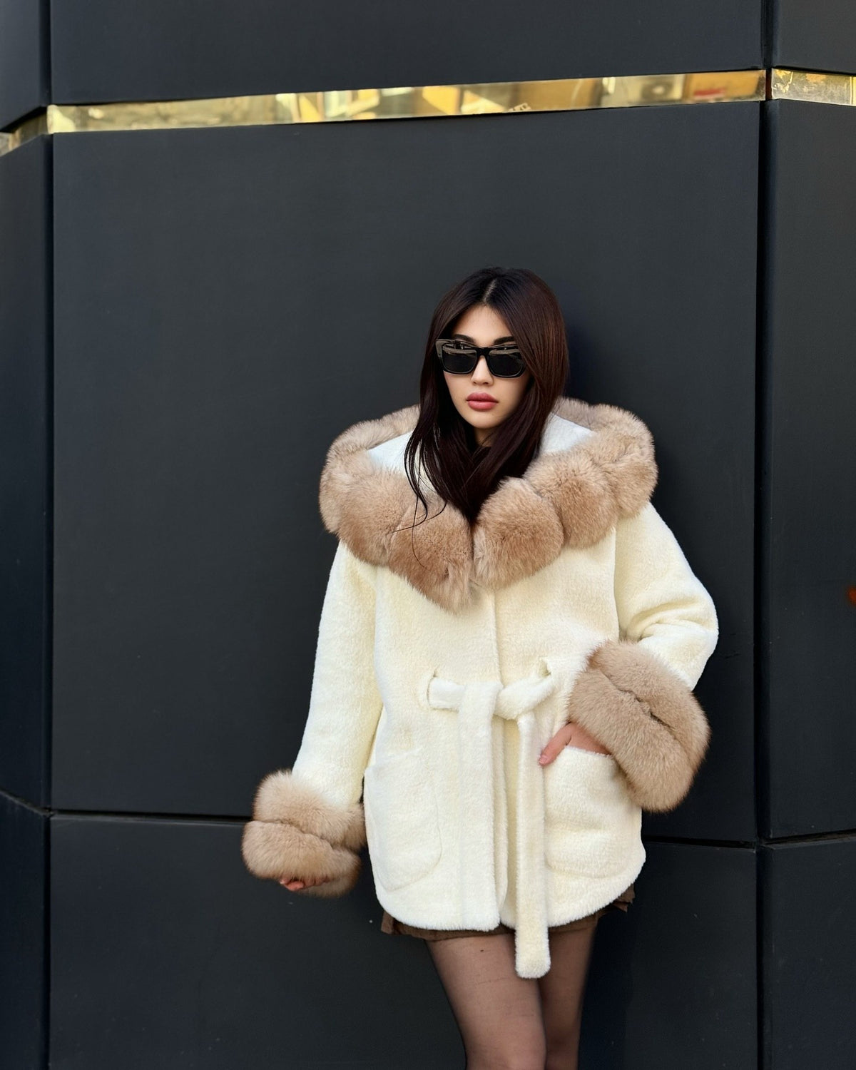 Hooded Beige Alcantara Cape With Genuine Fox Fur Trim