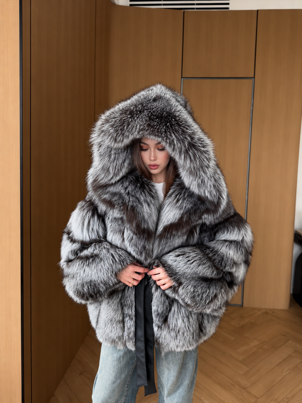 Hooded Silver Argentina Fox Fur Coat, Handmade Short Fur Coat