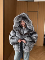 Hooded Silver Argentina Fox Fur Coat, Handmade Short Fur Coat