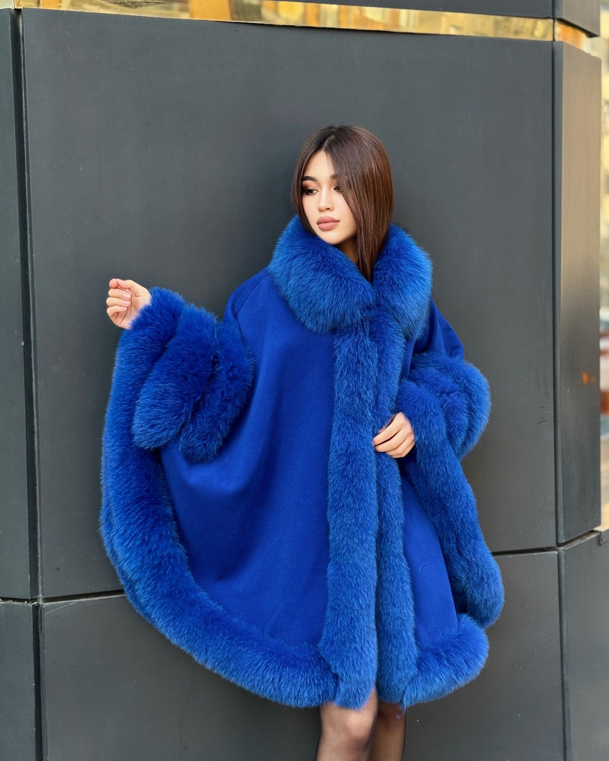 Women’s Sax Blue Cashmere Cape With Genuine Fox Fur Trim
