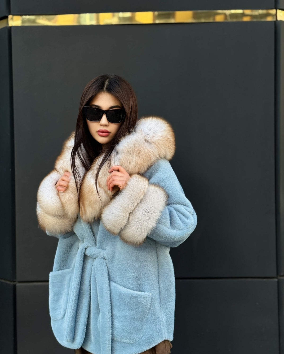 Blue Hooded Alcantara Coat With Genuine Beige Fox Fur Trim
