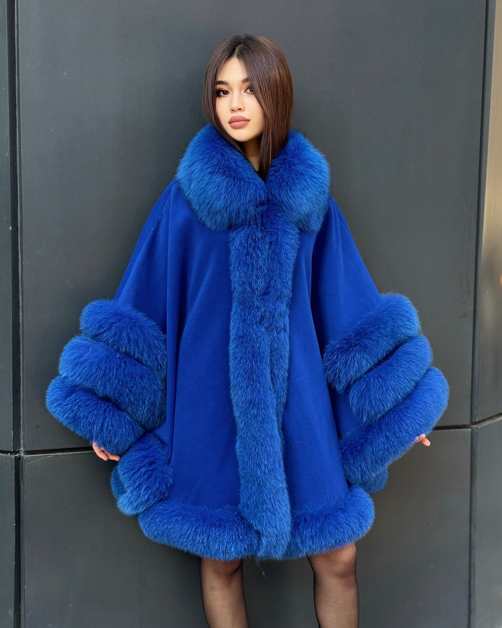 Women’s Sax Blue Cashmere Cape With Genuine Fox Fur Trim