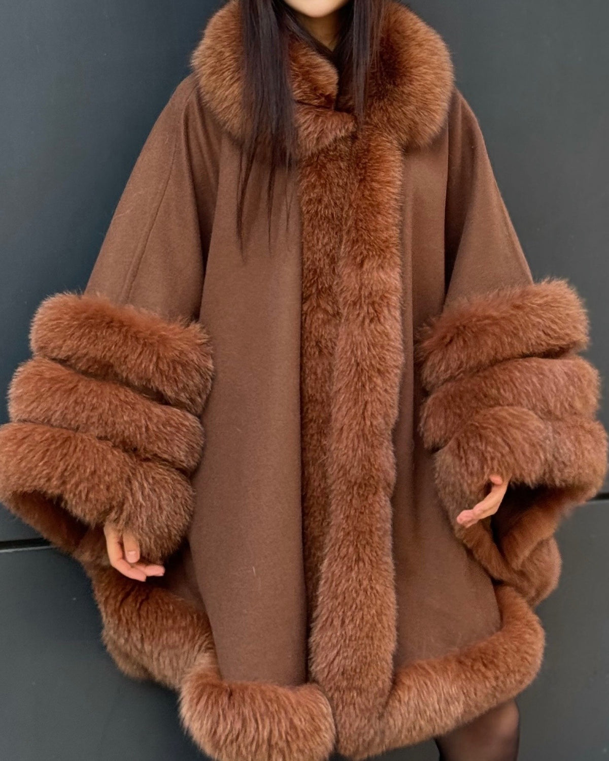 Women’s Brown Cashmere Cape With Genuine Fox Fur Trim