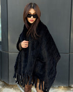 Women’s Black Luxury Mink Fur Shawl with Pocket & Fur Fringe
