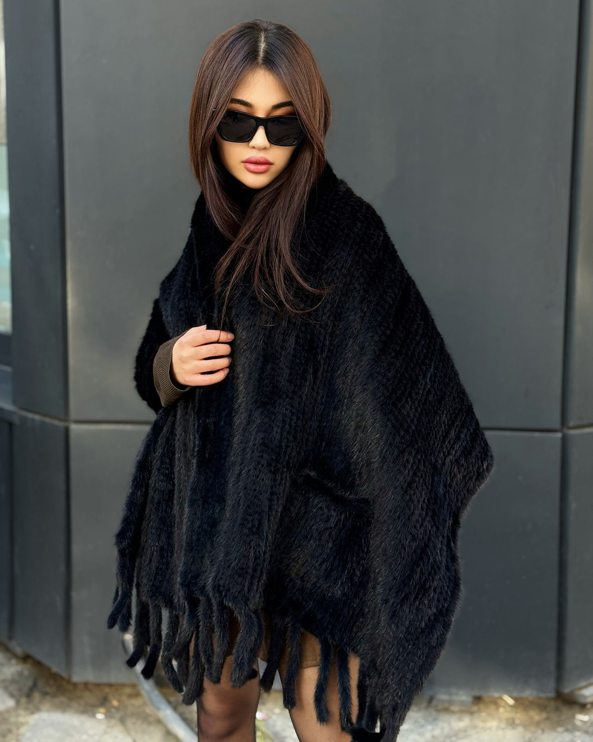 Women’s Black Luxury Mink Fur Shawl with Pocket & Fur Fringe