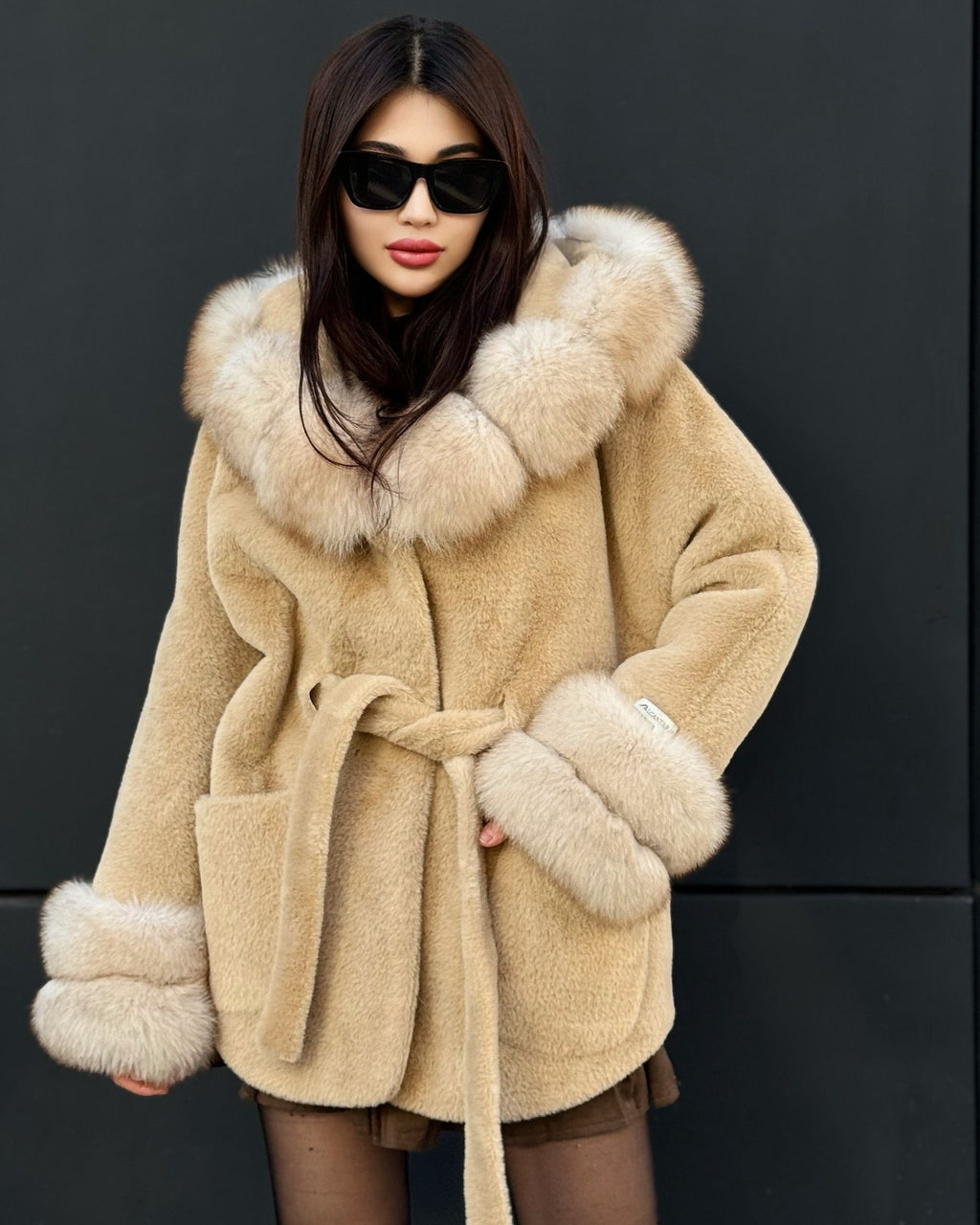 Camel Hooded Alcantara Cape With Genuine Fox Fur Trim