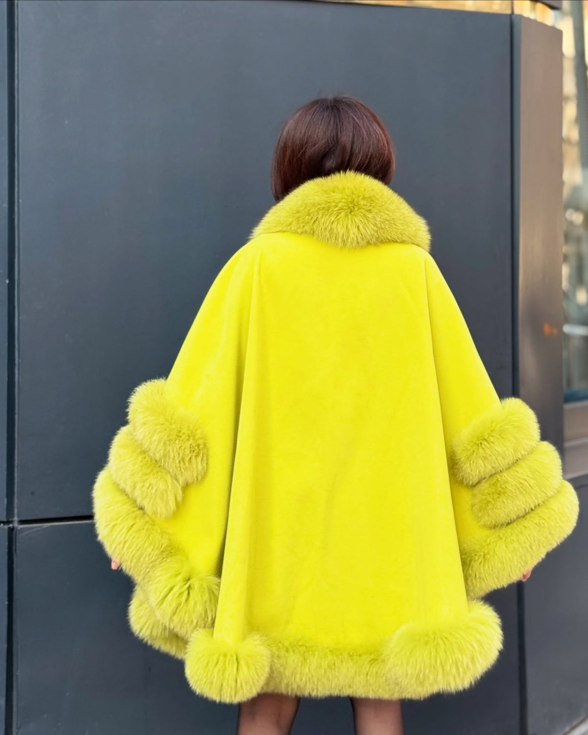 Women’s Lime Green Cashmere Cape With Genuine Fox Fur Trim
