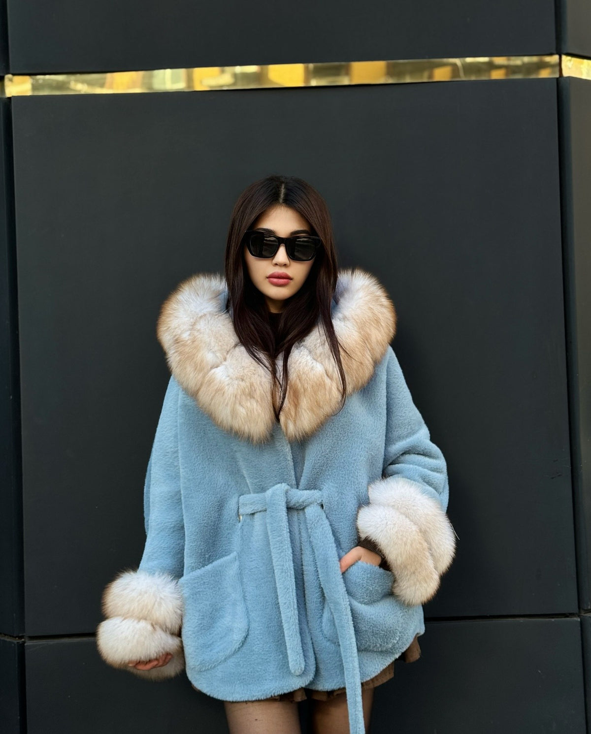 Blue Hooded Alcantara Coat With Genuine Beige Fox Fur Trim