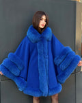 Women’s Sax Blue Cashmere Cape With Genuine Fox Fur Trim