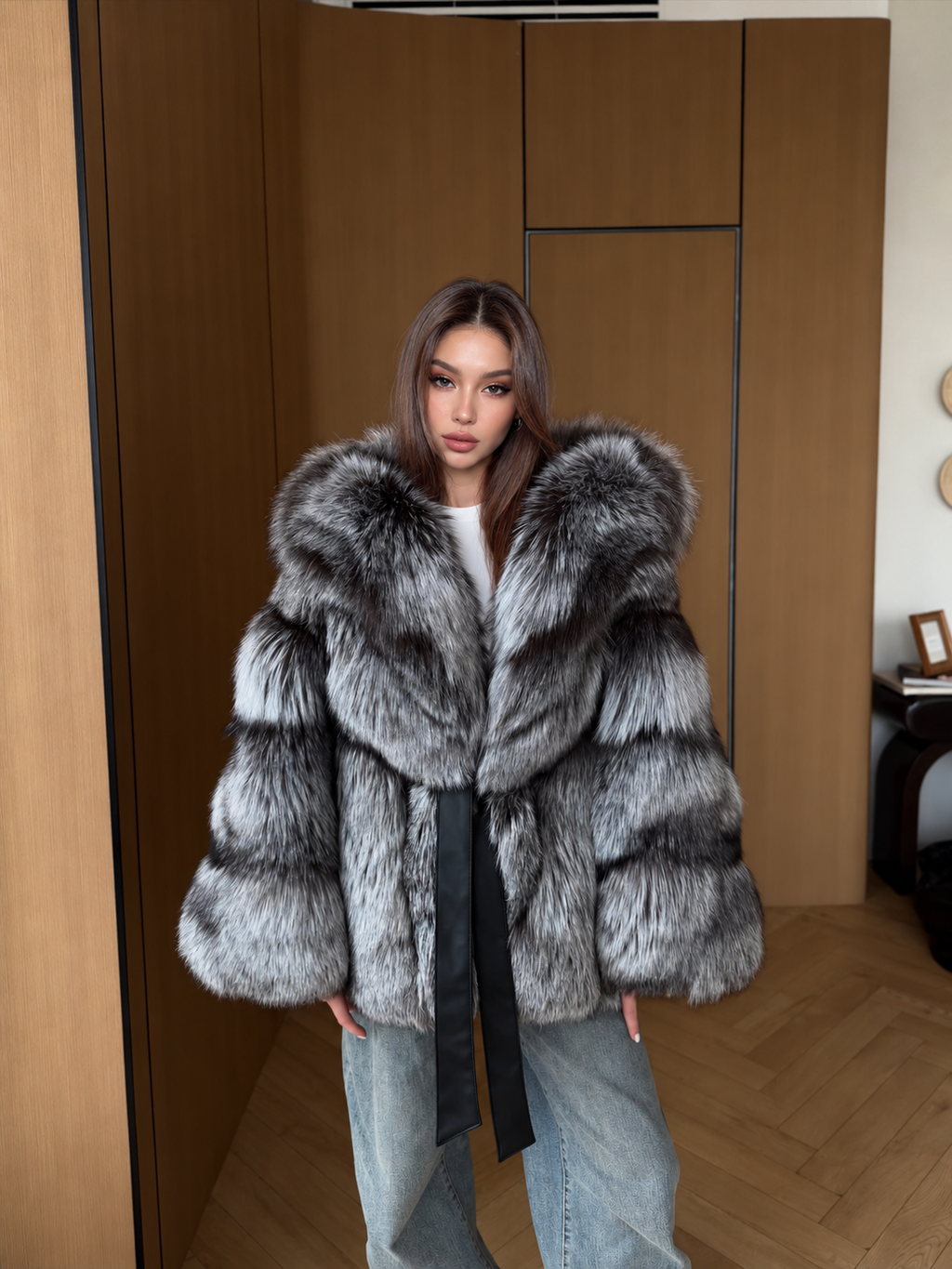 Hooded Silver Argentina Fox Fur Coat, Handmade Short Fur Coat