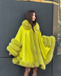 Women’s Lime Green Cashmere Cape With Genuine Fox Fur Trim