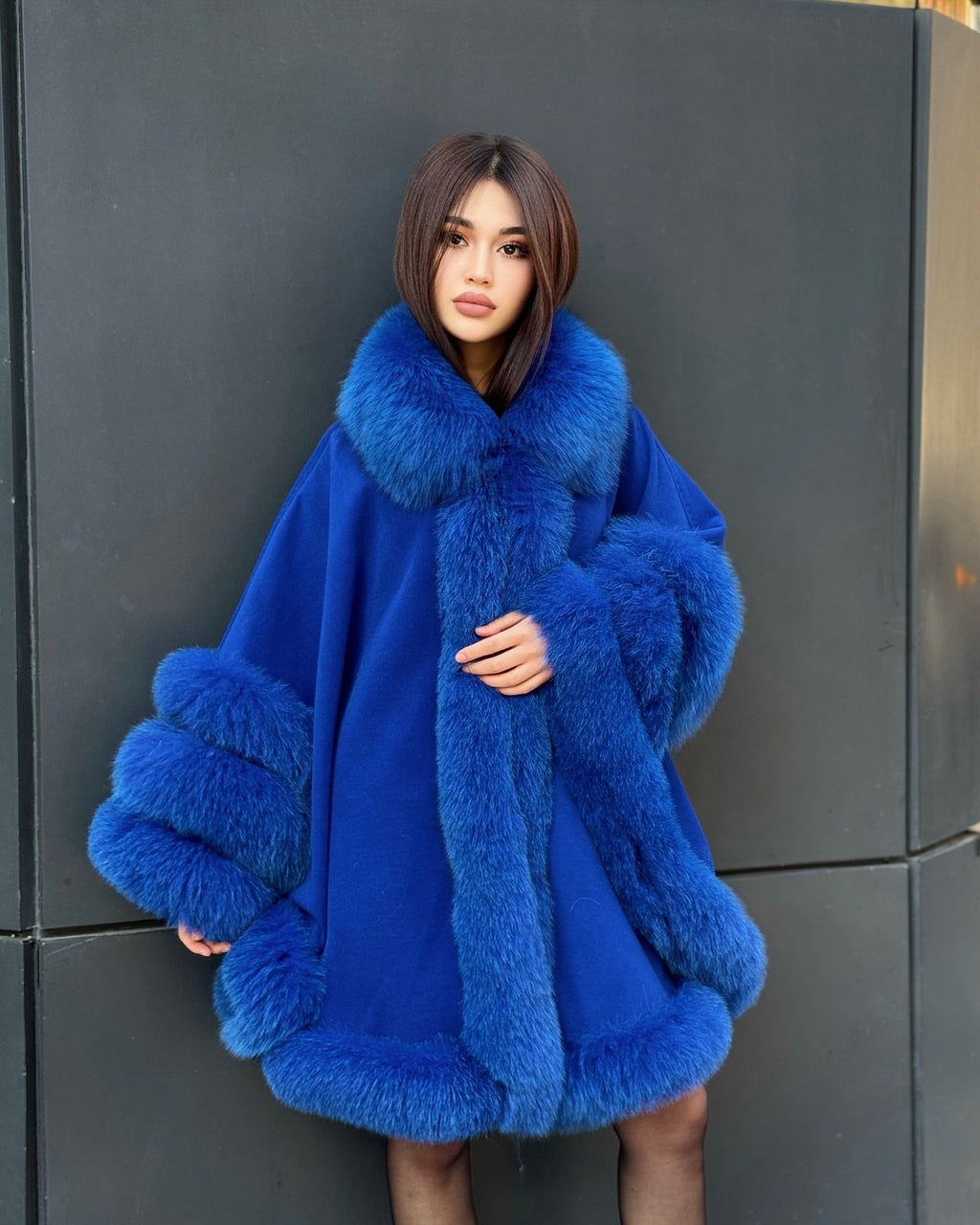 Women’s Sax Blue Cashmere Cape With Genuine Fox Fur Trim