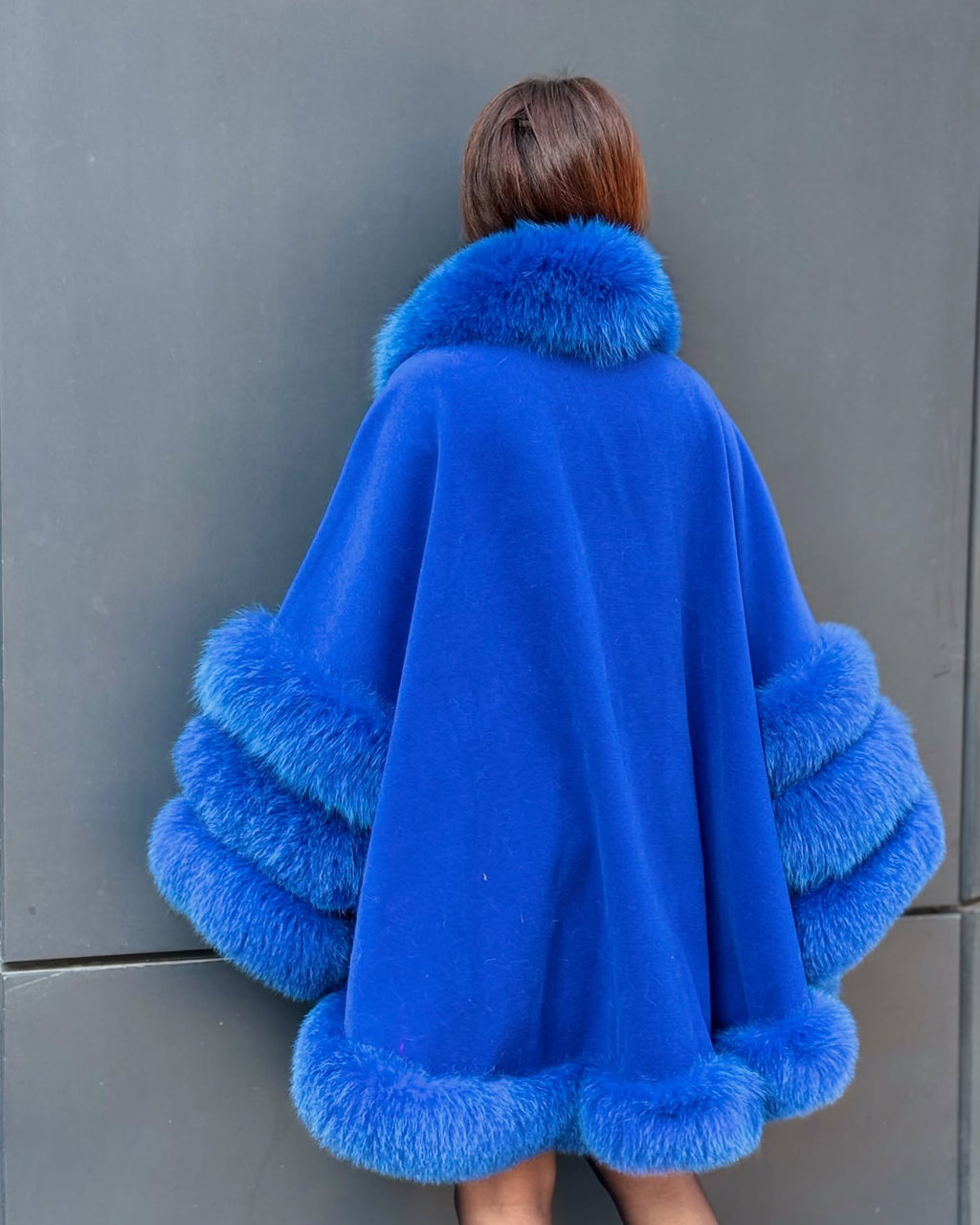 Women’s Sax Blue Cashmere Cape With Genuine Fox Fur Trim