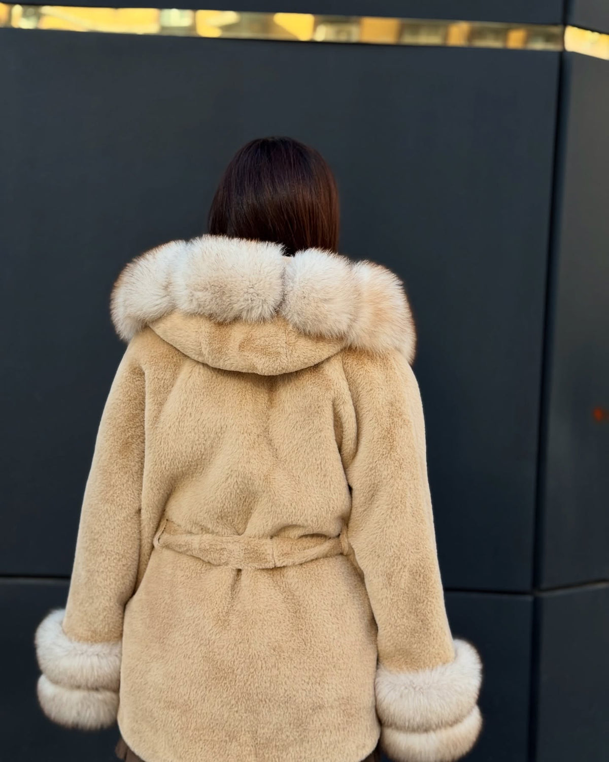 Camel Hooded Alcantara Cape With Genuine Fox Fur Trim