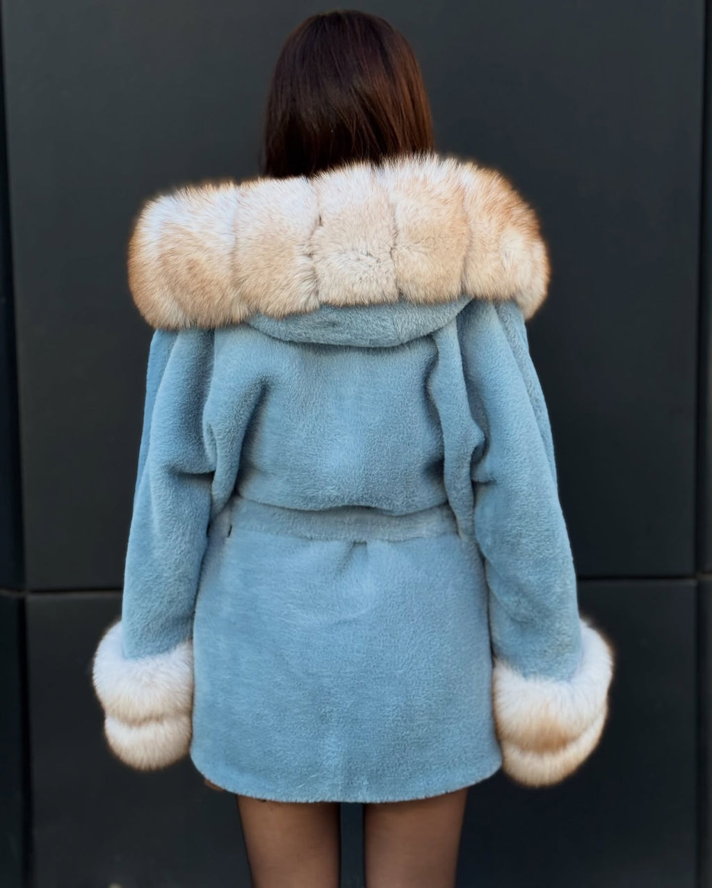 Blue Hooded Alcantara Coat With Genuine Beige Fox Fur Trim