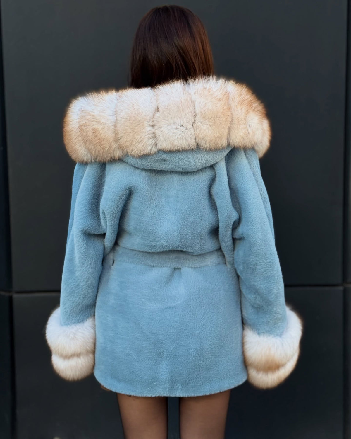 Blue Hooded Alcantara Coat With Genuine Beige Fox Fur Trim