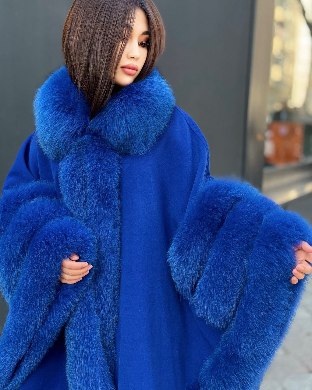 Women’s Sax Blue Cashmere Cape With Genuine Fox Fur Trim