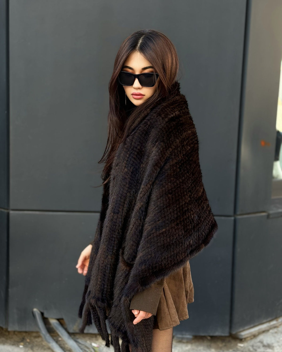 Women’s Brown Luxury Mink Fur Shawl with Pocket & Fur Fringe
