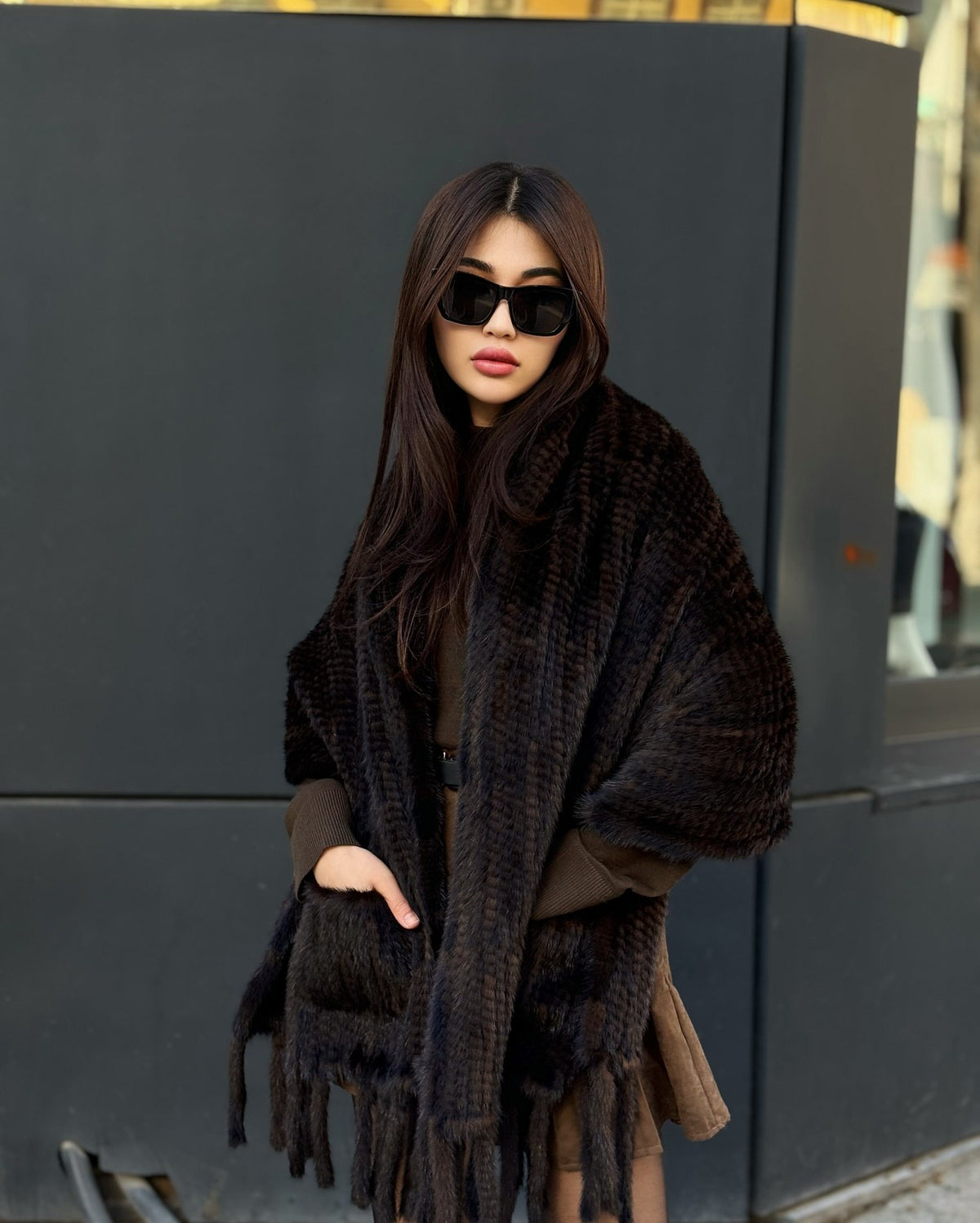 Women’s Brown Luxury Mink Fur Shawl with Pocket & Fur Fringe