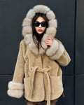 Camel Hooded Alcantara Cape With Genuine Fox Fur Trim