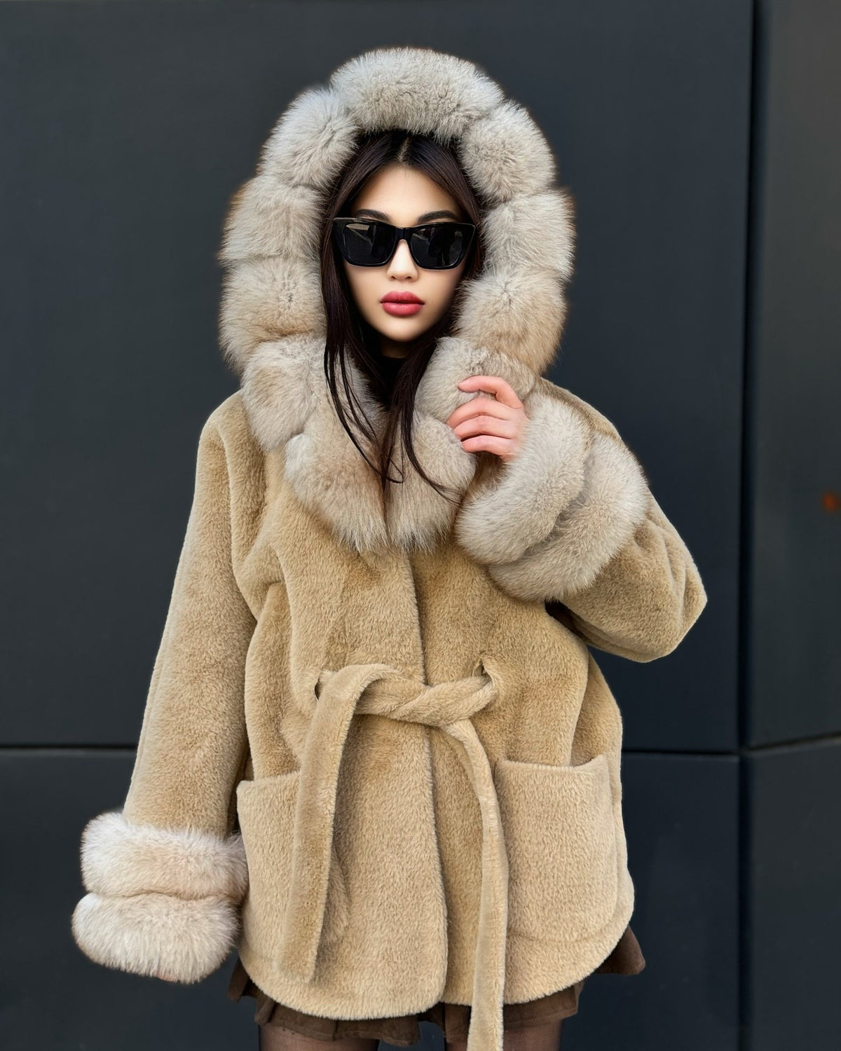 Camel Hooded Alcantara Cape With Genuine Fox Fur Trim