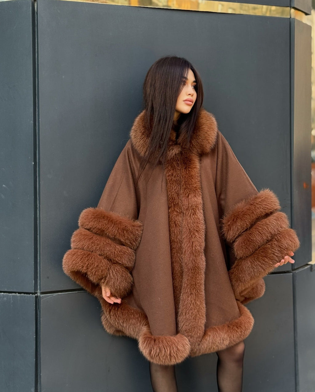 Women’s Brown Cashmere Cape With Genuine Fox Fur Trim
