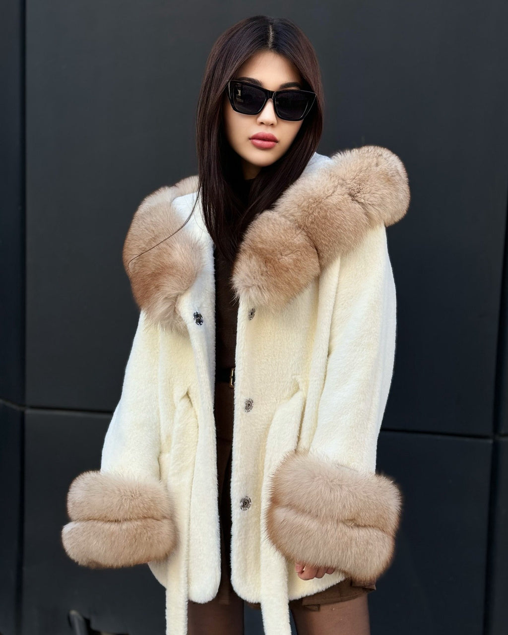 Hooded Beige Alcantara Cape With Genuine Fox Fur Trim