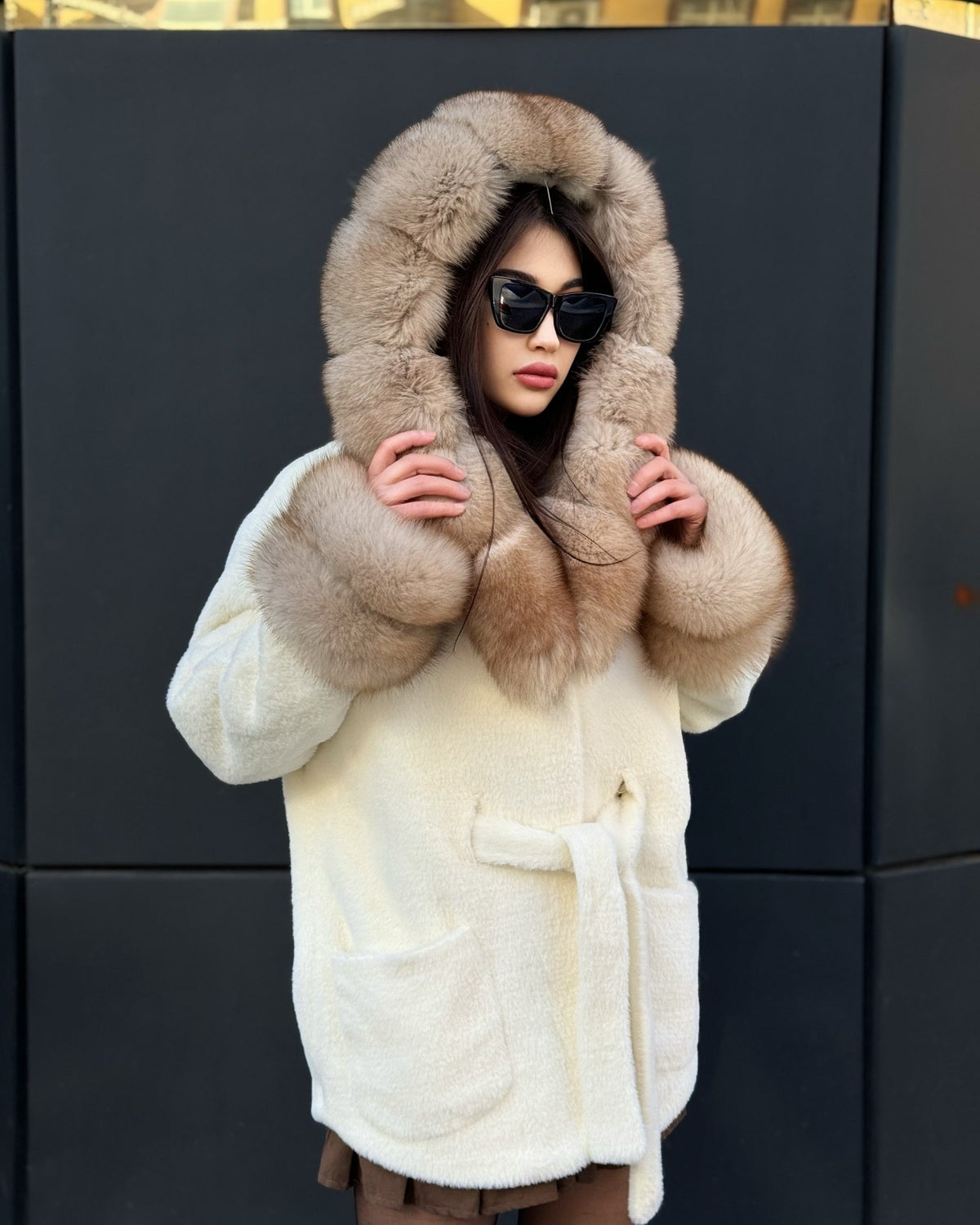 Hooded Beige Alcantara Cape With Genuine Fox Fur Trim